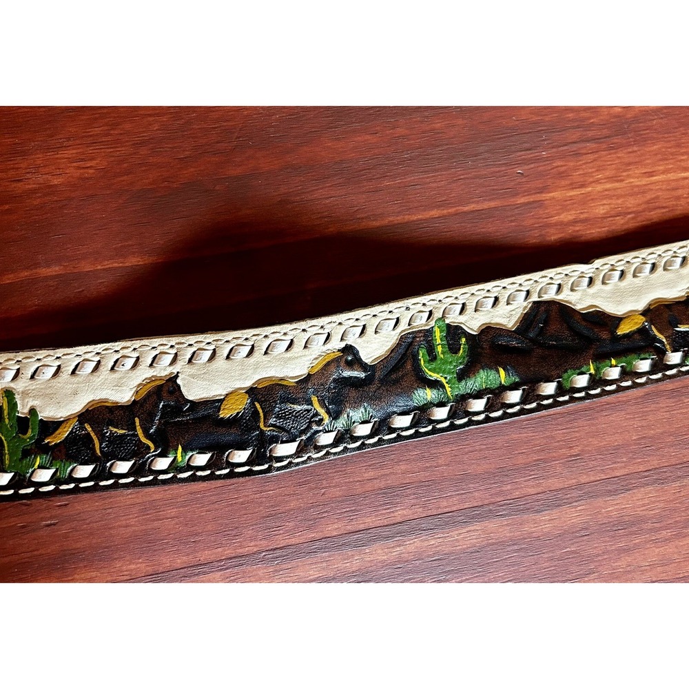 Sheyenne Mena Arkansas Handmade Leather Belt Size 26 Horses Cactus Brown VTG - Picture 4 of 9